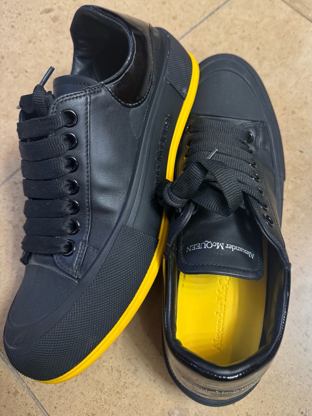 Alexander McQueen Black Leather Sneakers with Yellow Sole only worn once